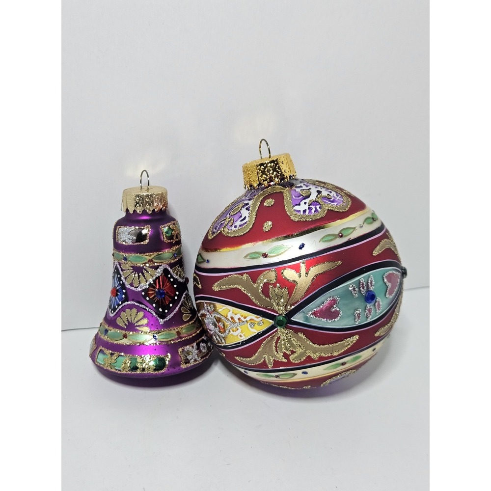 Set of 2 Polish Blown Glass Christmas Ornaments Red Ball Purple Bell Glitter Vtg